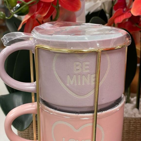 NWT Eccolo Set of 4 Stackable Mugs with Gold Rack White Hearts & Letters Pastel - Picture 5 of 11